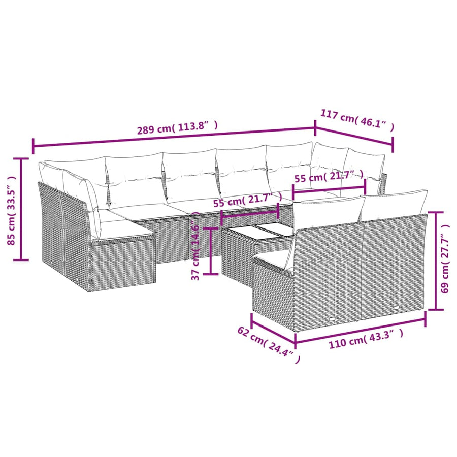 10-Delige Loungeset Met Kussens Poly Rattan Zwart