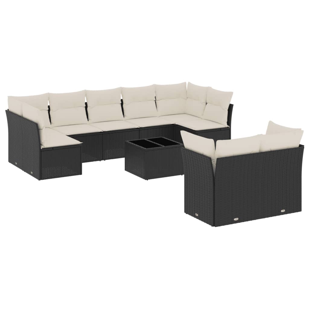 10-delige Loungeset met kussens poly rattan zwart Zwart en crème