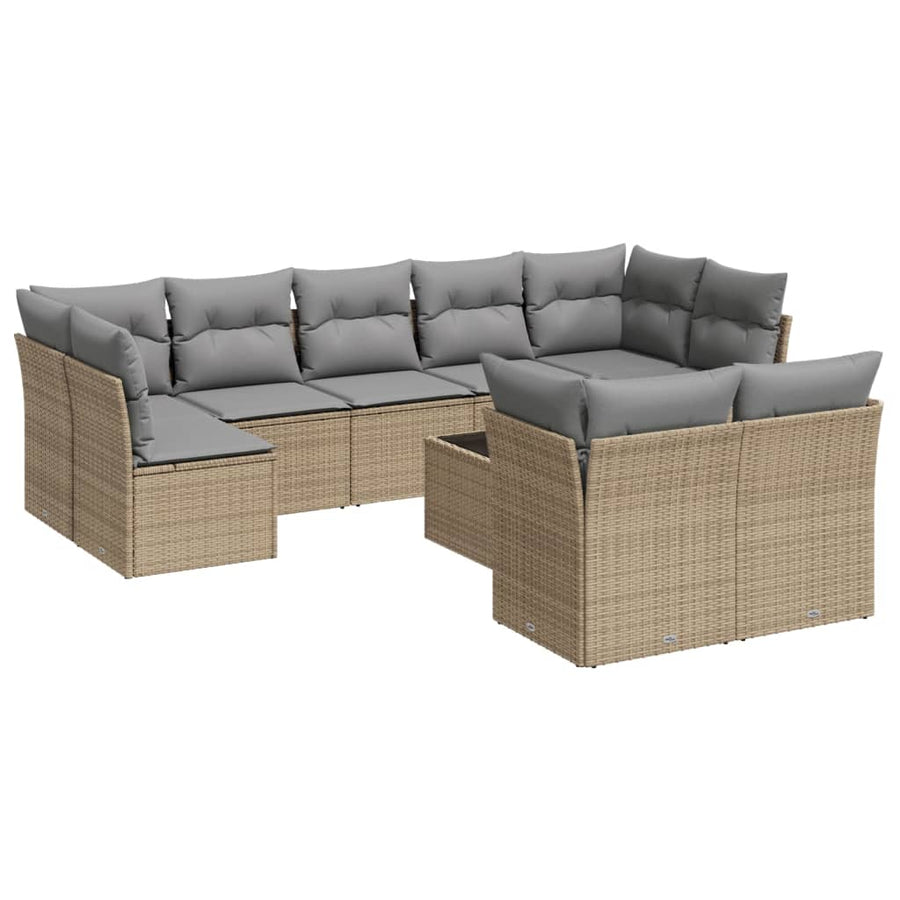10-delige Loungeset met kussens poly rattan beige Beige en grijs Met tafel