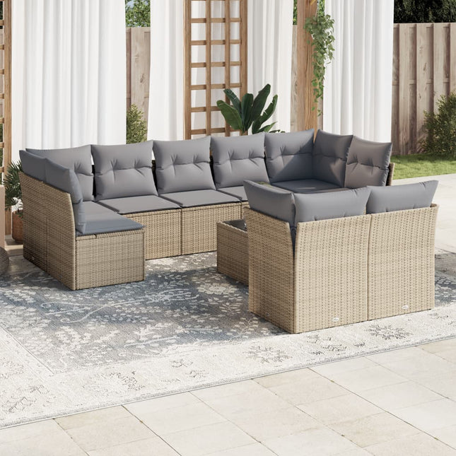 10-delige Loungeset met kussens poly rattan beige Beige en grijs Met tafel