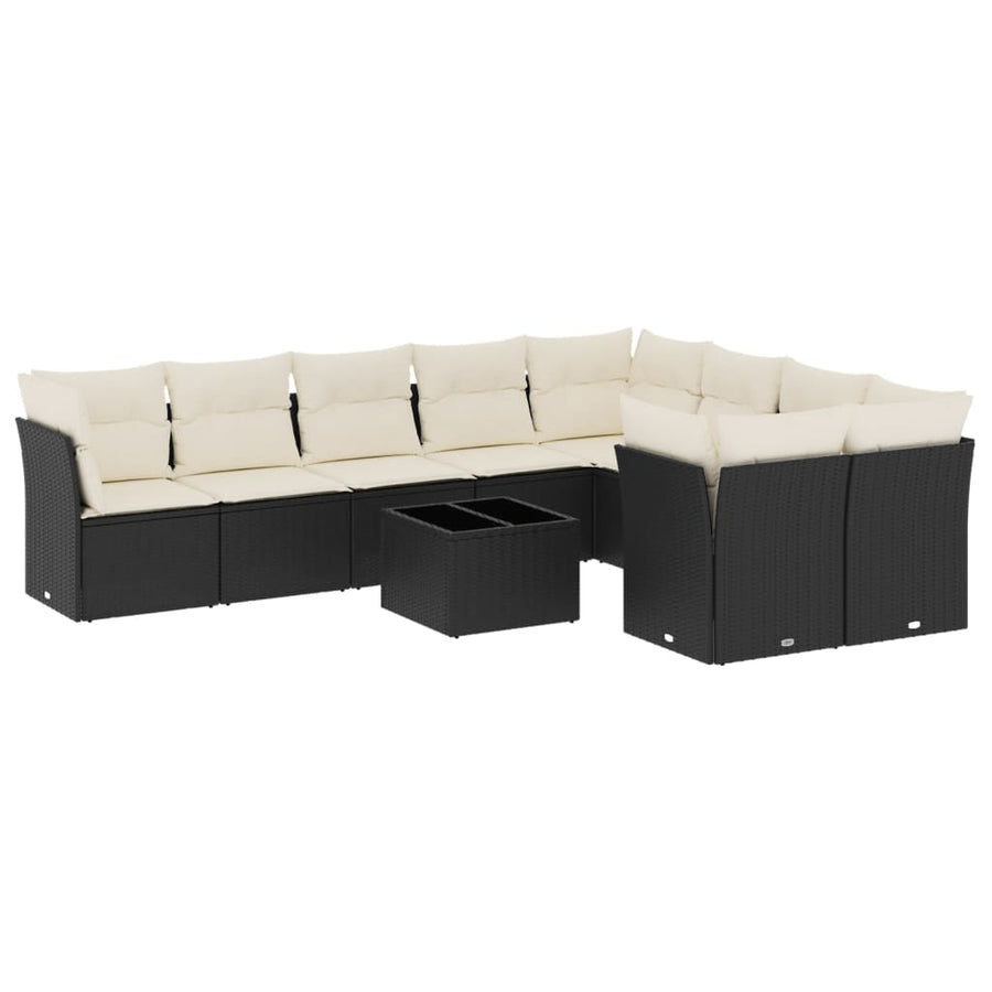10-delige Loungeset met kussens poly rattan zwart Zwart en crème