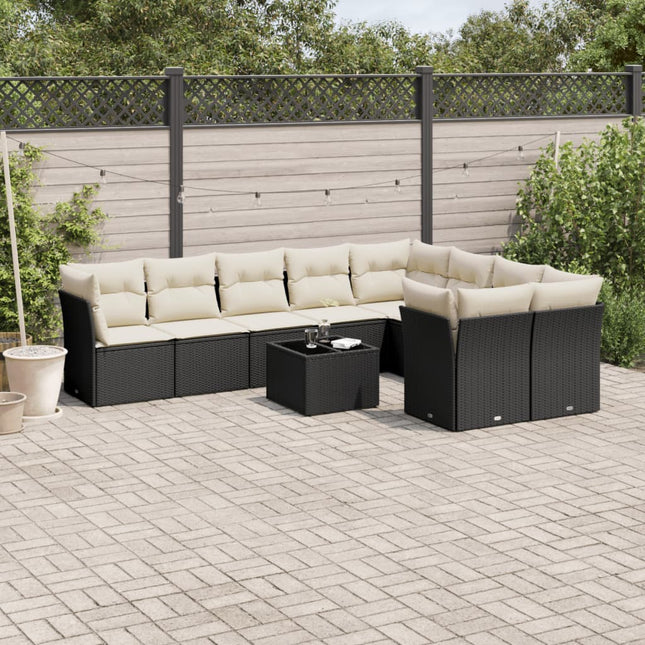 10-delige Loungeset met kussens poly rattan zwart Zwart en crème