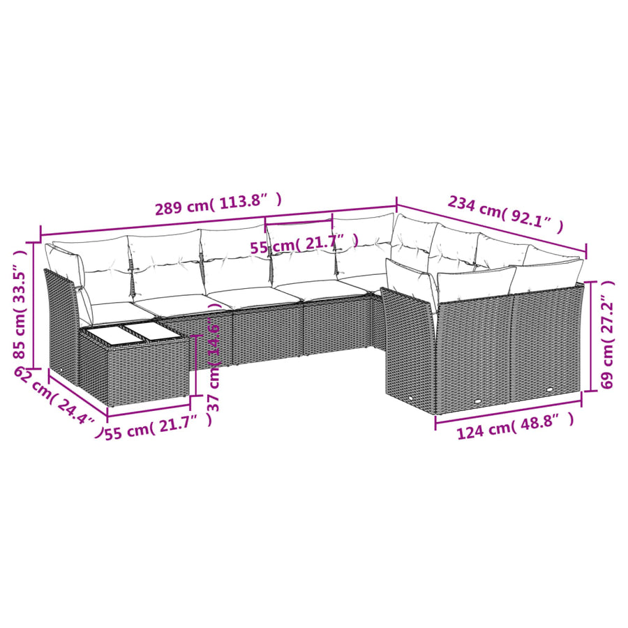 10-Delige Loungeset Met Kussens Poly Rattan Zwart