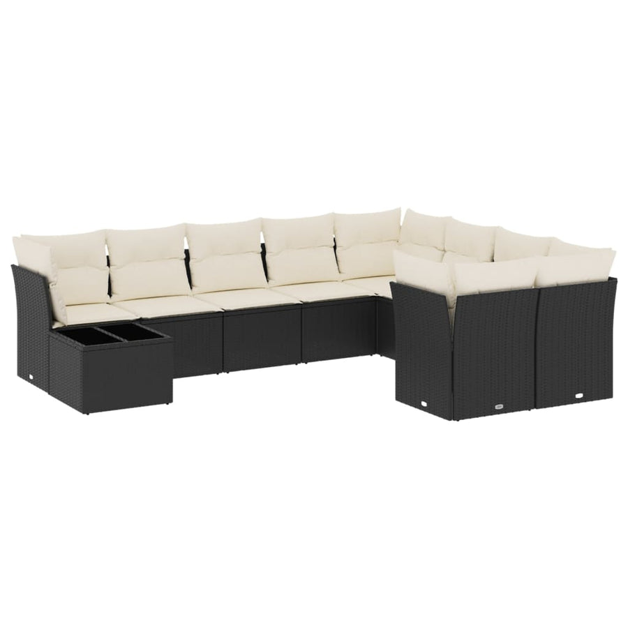 10-delige Loungeset met kussens poly rattan zwart Zwart en crème