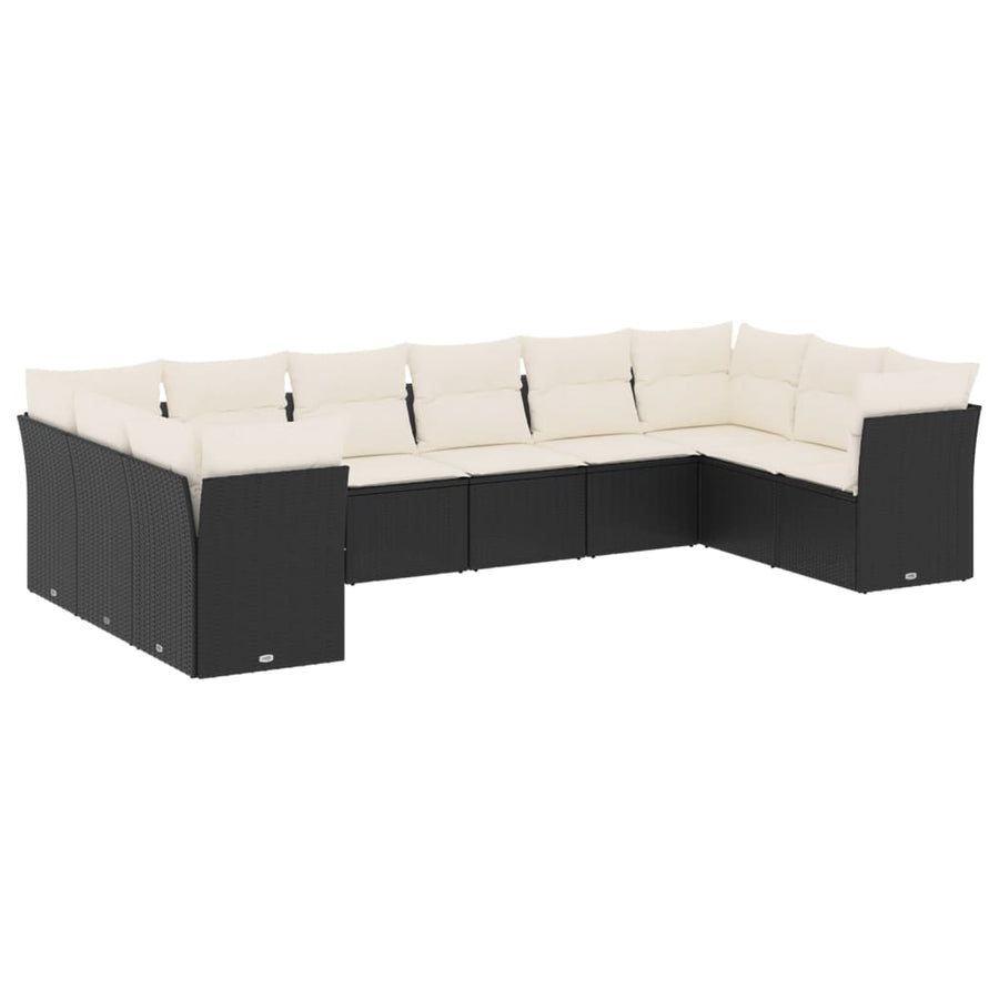 10-delige Loungeset met kussens poly rattan zwart Zwart en crème