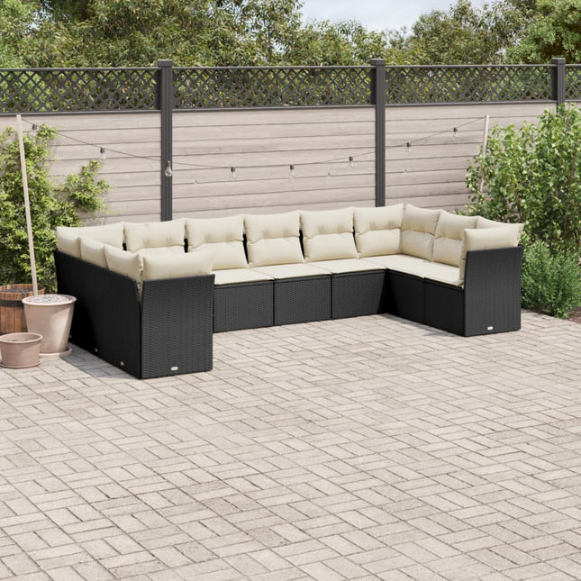 10-delige Loungeset met kussens poly rattan zwart Zwart en crème