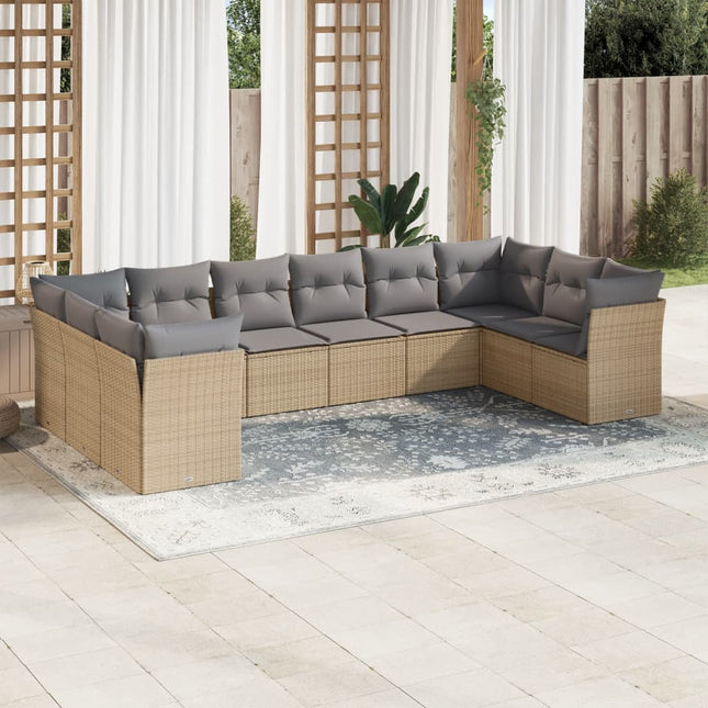 10-delige Loungeset met kussens poly rattan beige Beige en grijs Zonder tafel