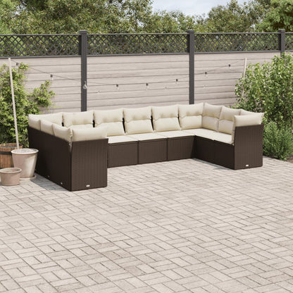 10-delige Loungeset met kussens poly rattan bruin Bruin en crème Zonder tafel