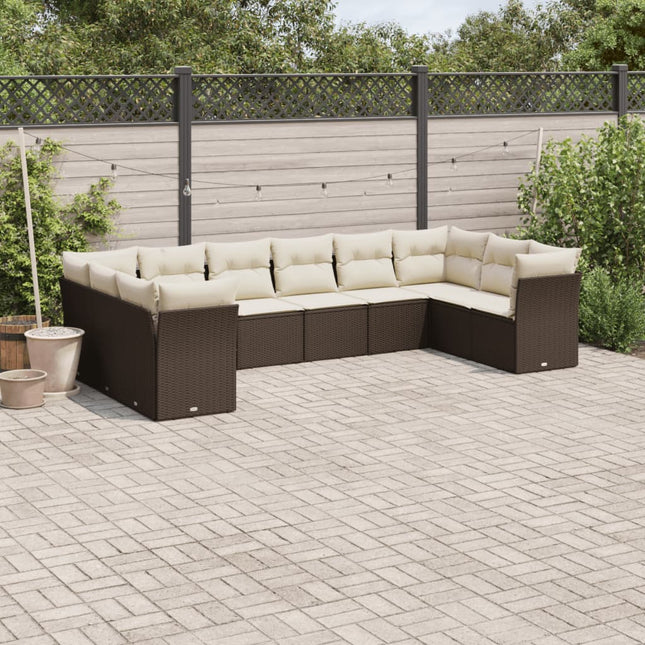 10-delige Loungeset met kussens poly rattan bruin Bruin en crème Zonder tafel