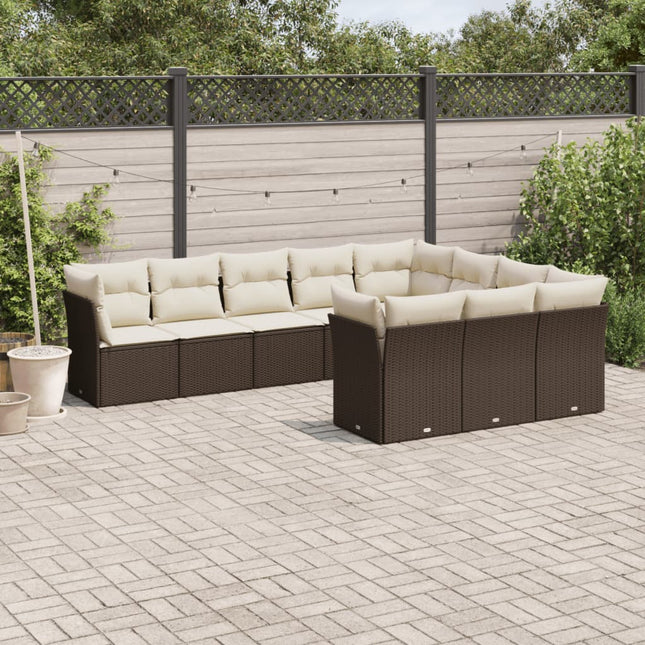 10-delige Loungeset met kussens poly rattan bruin Bruin en crème Zonder tafel