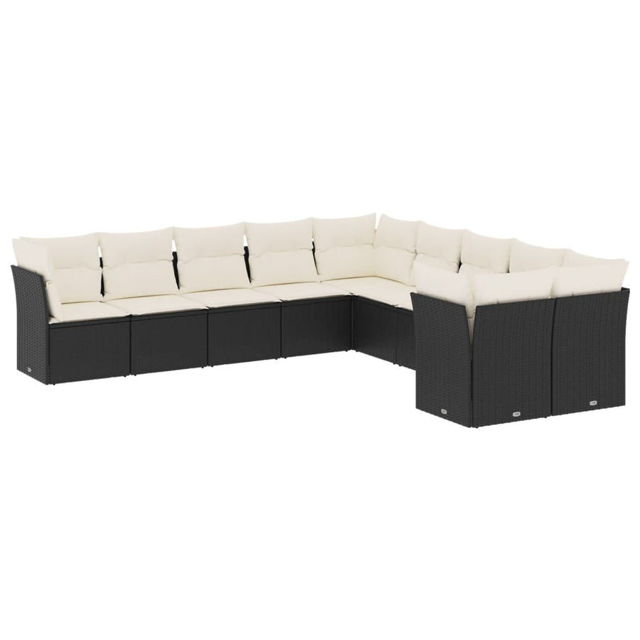10-delige Loungeset met kussens poly rattan zwart Zwart en crème Zonder tafel