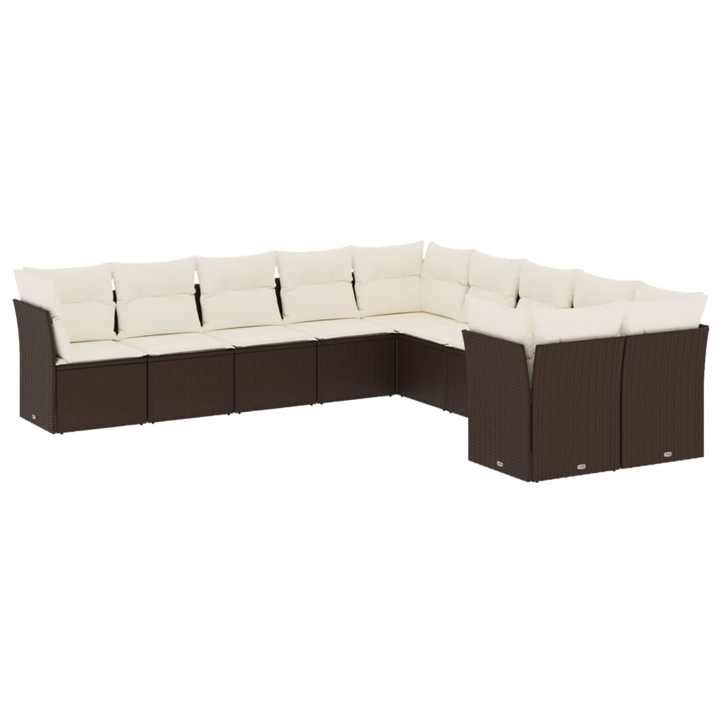 10-delige Loungeset met kussens poly rattan bruin Bruin en crème Zonder tafel