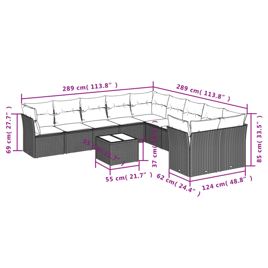 Loungeset met kussens poly rattan Zwart en crème Met tafel