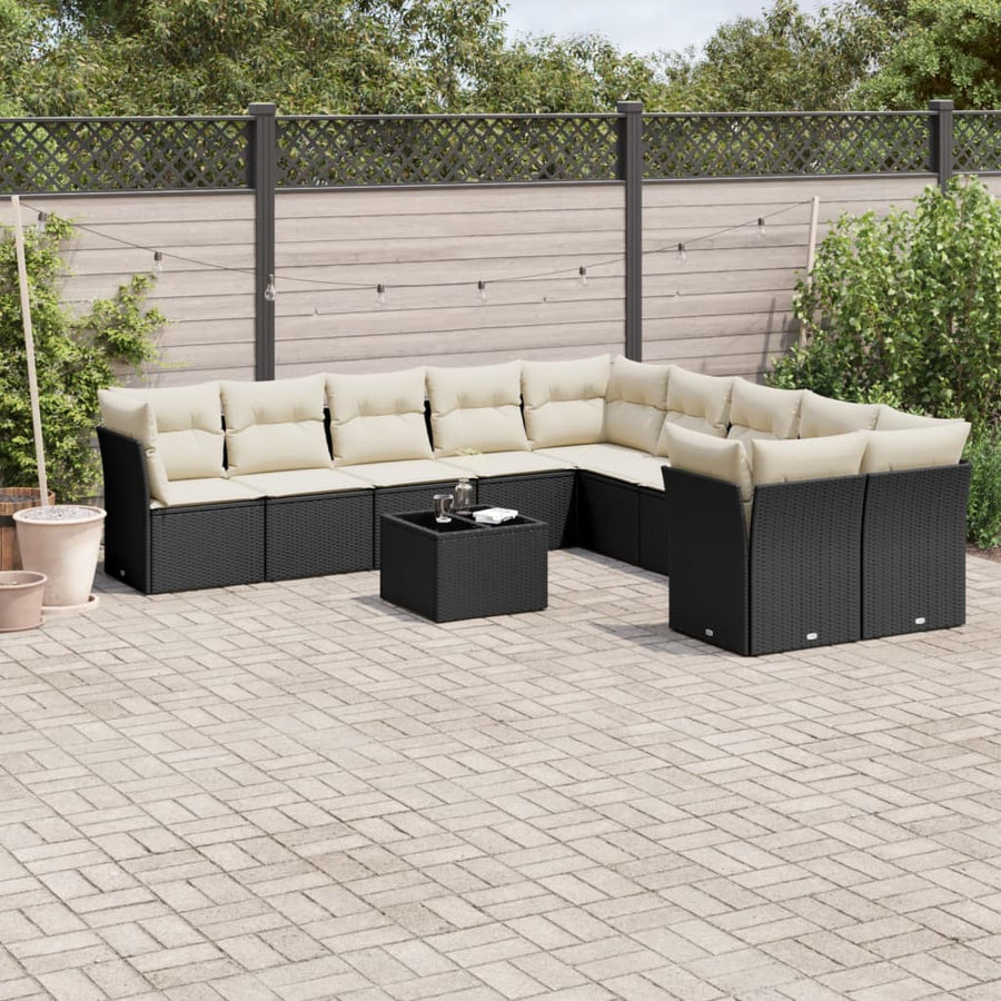 Loungeset met kussens poly rattan Zwart en crème Met tafel