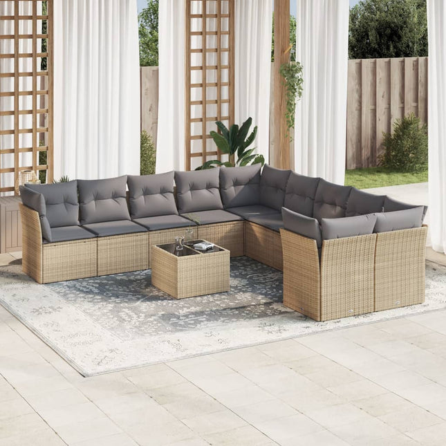 11-delige Tuinset met kussens poly rattan beige Beige en grijs Met tafel