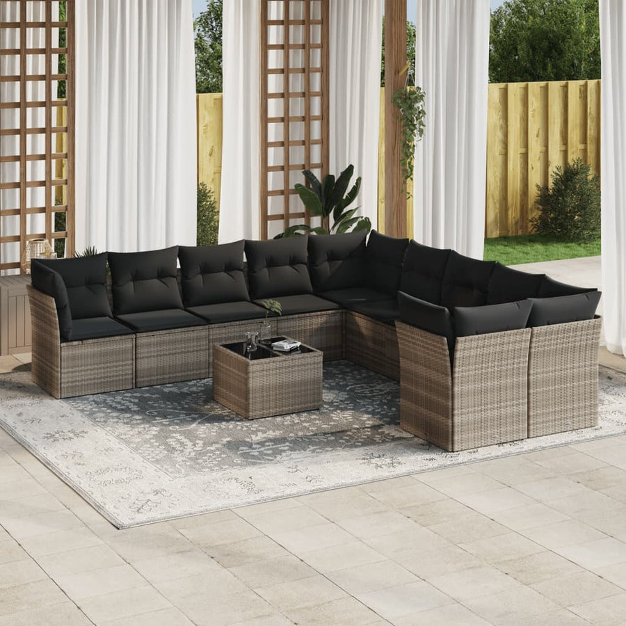 11-delige Loungeset met kussens poly rattan lichtgrijs