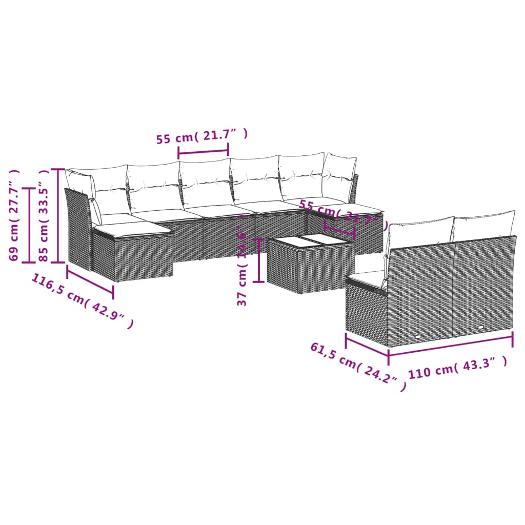 10-Delige Loungeset Met Kussens Poly Rattan Zwart