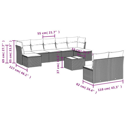 10-delige Loungeset met kussens poly rattan zwart Zwart en crème Met tafel