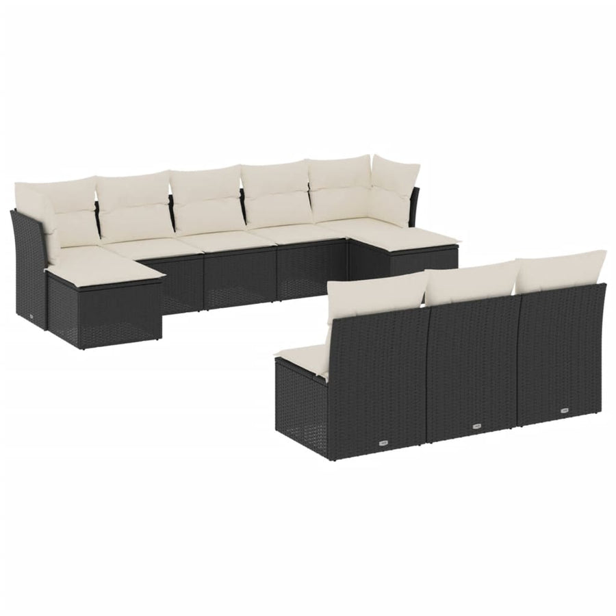 10-delige Loungeset met kussens poly rattan zwart Zwart en crème