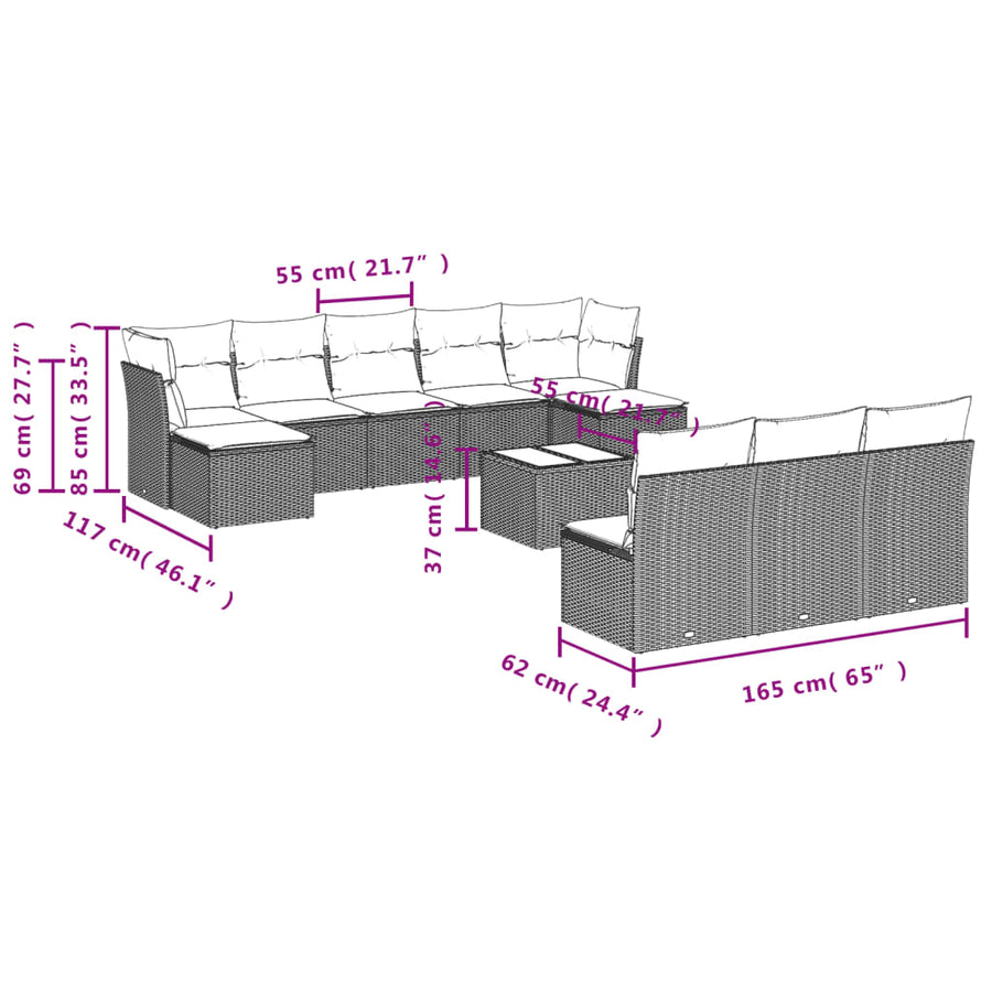 11-Delige Loungeset Met Kussens Poly Rattan Grijs