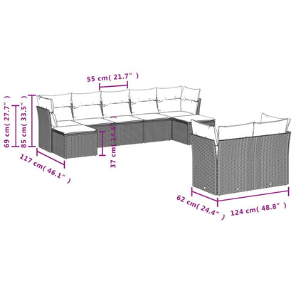 9-delige Loungeset met kussens poly rattan zwart Zwart en crème Zonder tafel