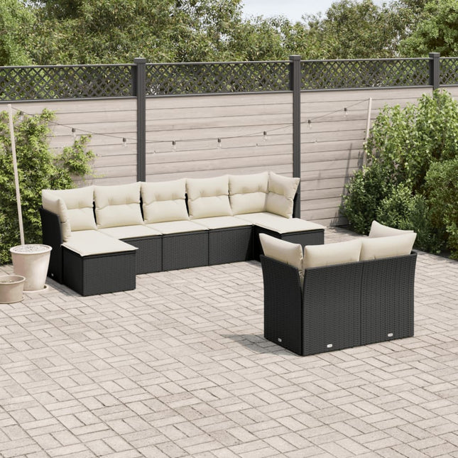 9-delige Loungeset met kussens poly rattan zwart Zwart en crème Zonder tafel