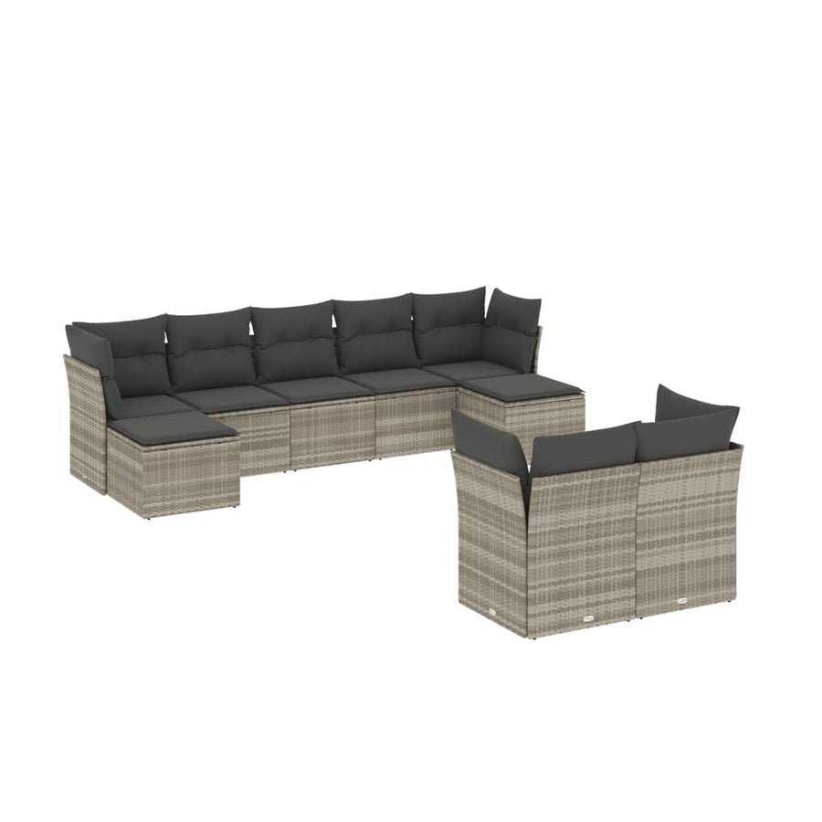 9-delige Loungeset met kussens poly rattan lichtgrijs