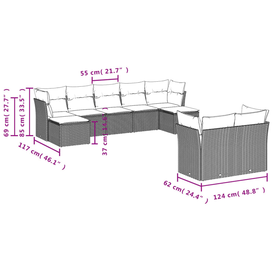9-delige Loungeset met kussens poly rattan lichtgrijs