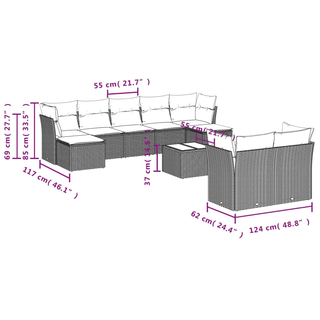 0-Delige Loungeset Met Kussens Poly Rattan Zwart en crème Met tafel