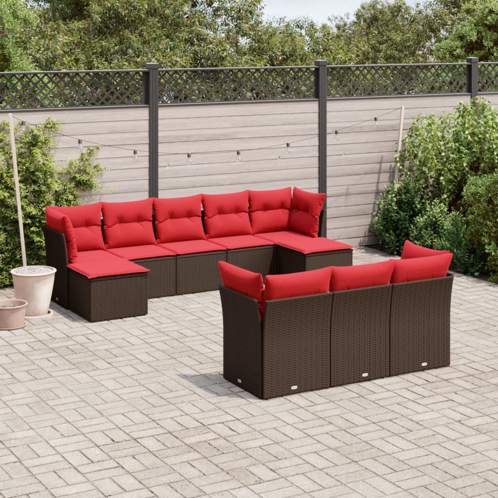 10-delige tuinbankset met kussens, bruin polyrotan