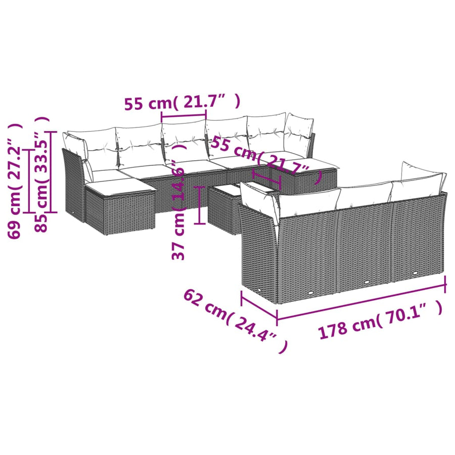 11-delige Loungeset met kussens poly rattan lichtgrijs