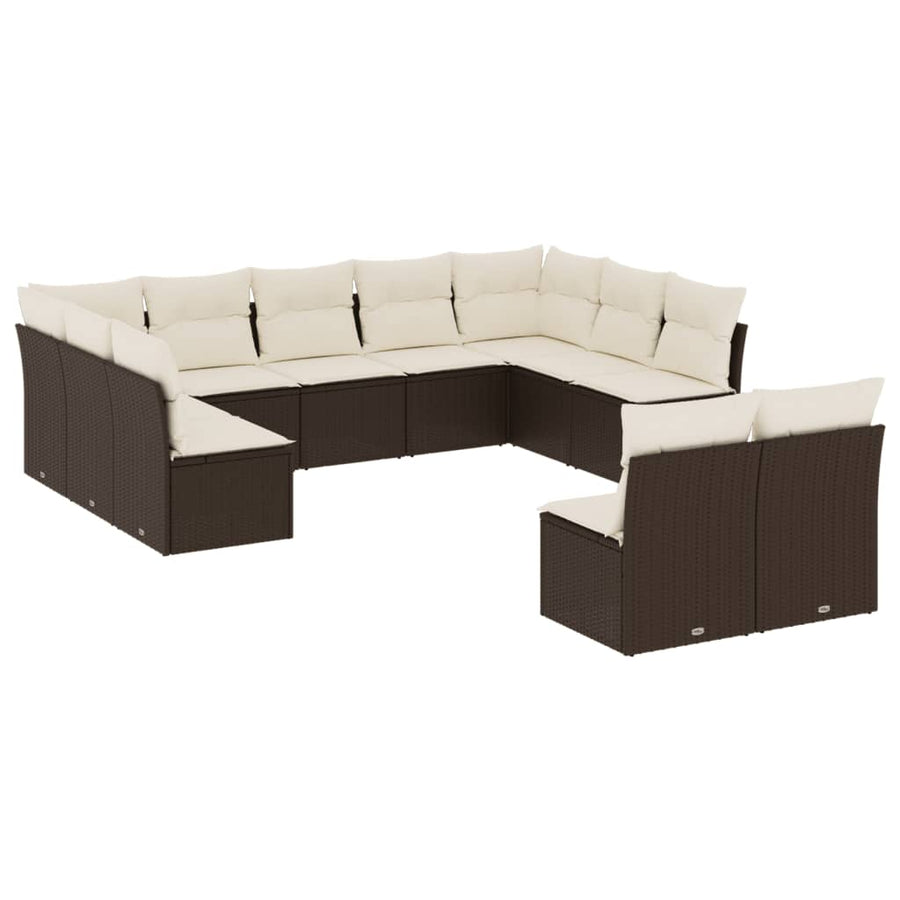 11-delige Loungeset met kussens poly rattan bruin Bruin en crème Zonder tafel
