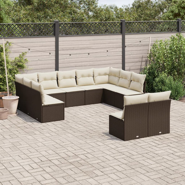 11-delige Loungeset met kussens poly rattan bruin Bruin en crème Zonder tafel