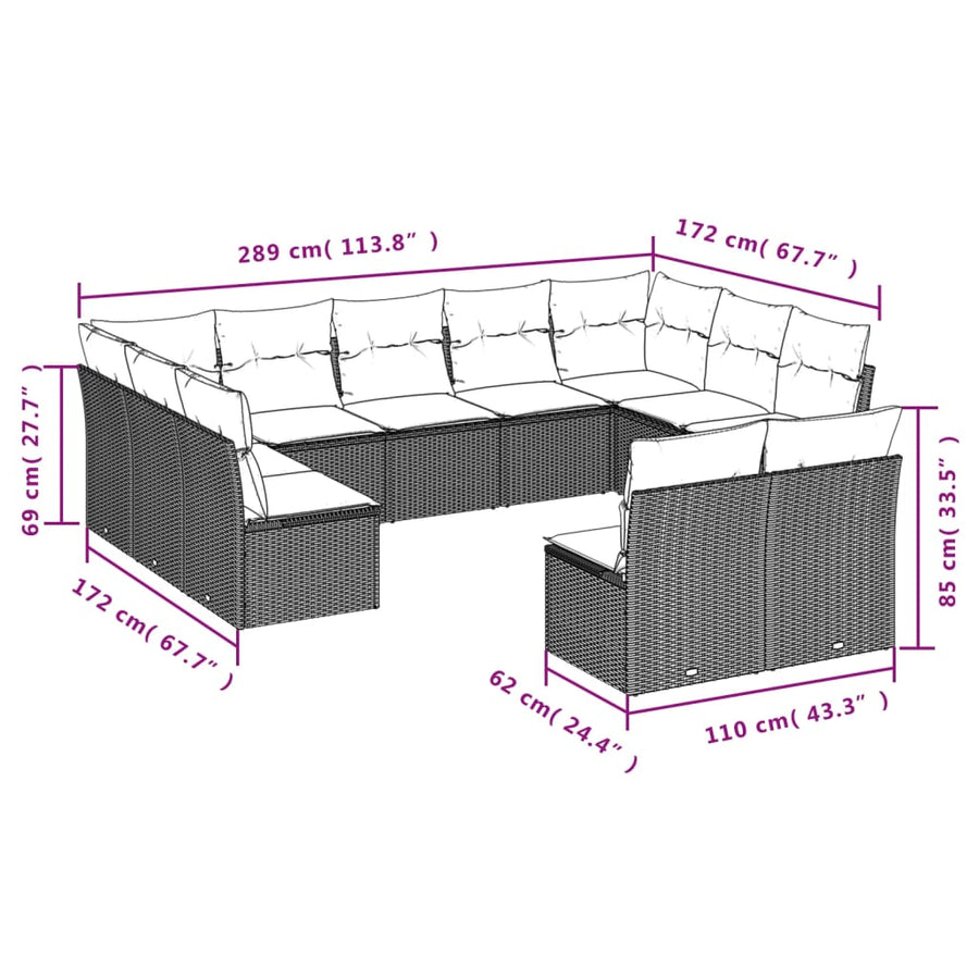 11-delige tuinbankset met kussens, bruin polyrotan