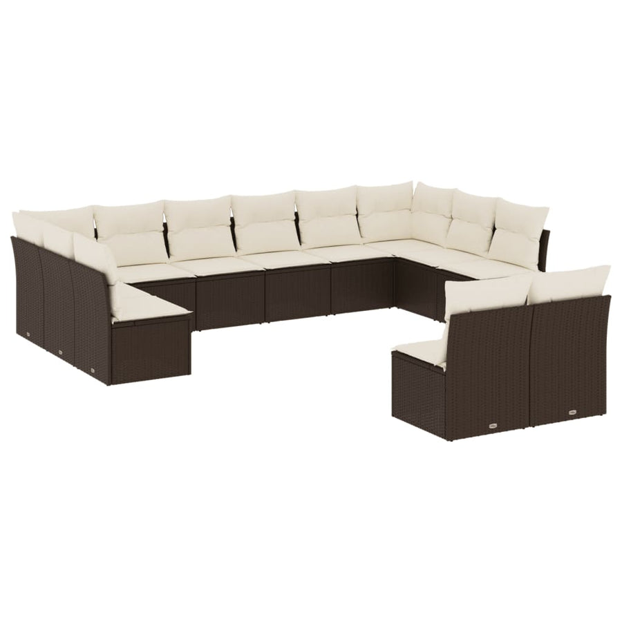 12-delige Loungeset met kussens poly rattan bruin Bruin en crème Zonder tafel