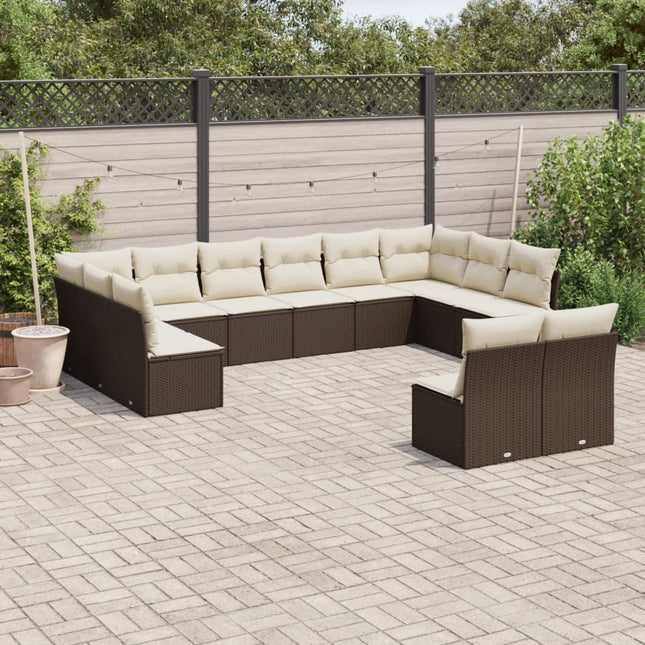 12-delige Loungeset met kussens poly rattan bruin Bruin en crème Zonder tafel