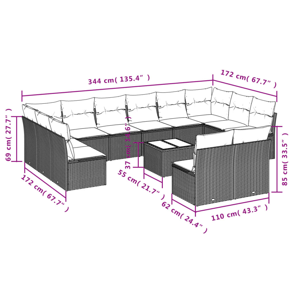 13-Delige Loungeset Met Kussens Poly Rattan Zwart
