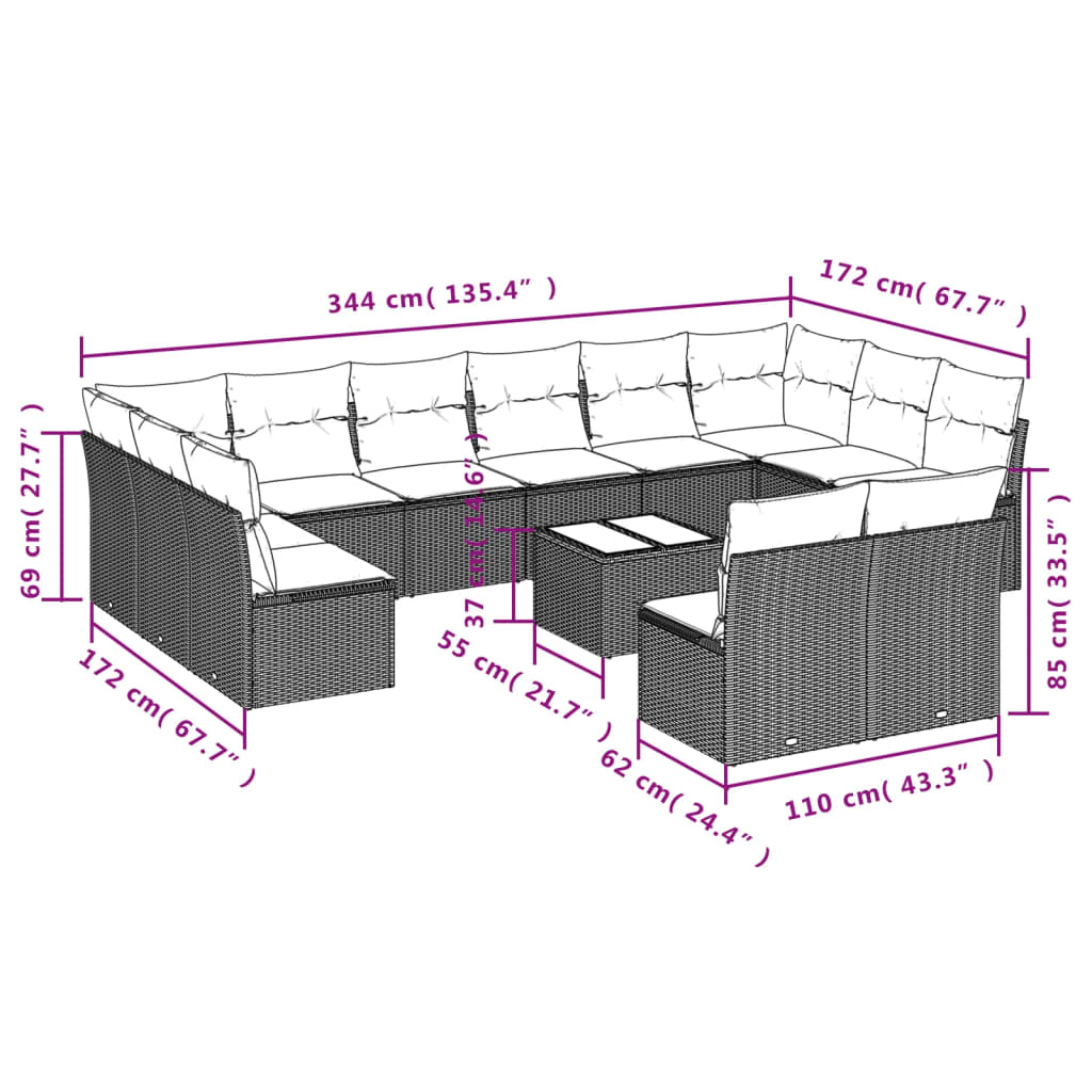 13-Delige Loungeset Met Kussens Poly Rattan Grijs