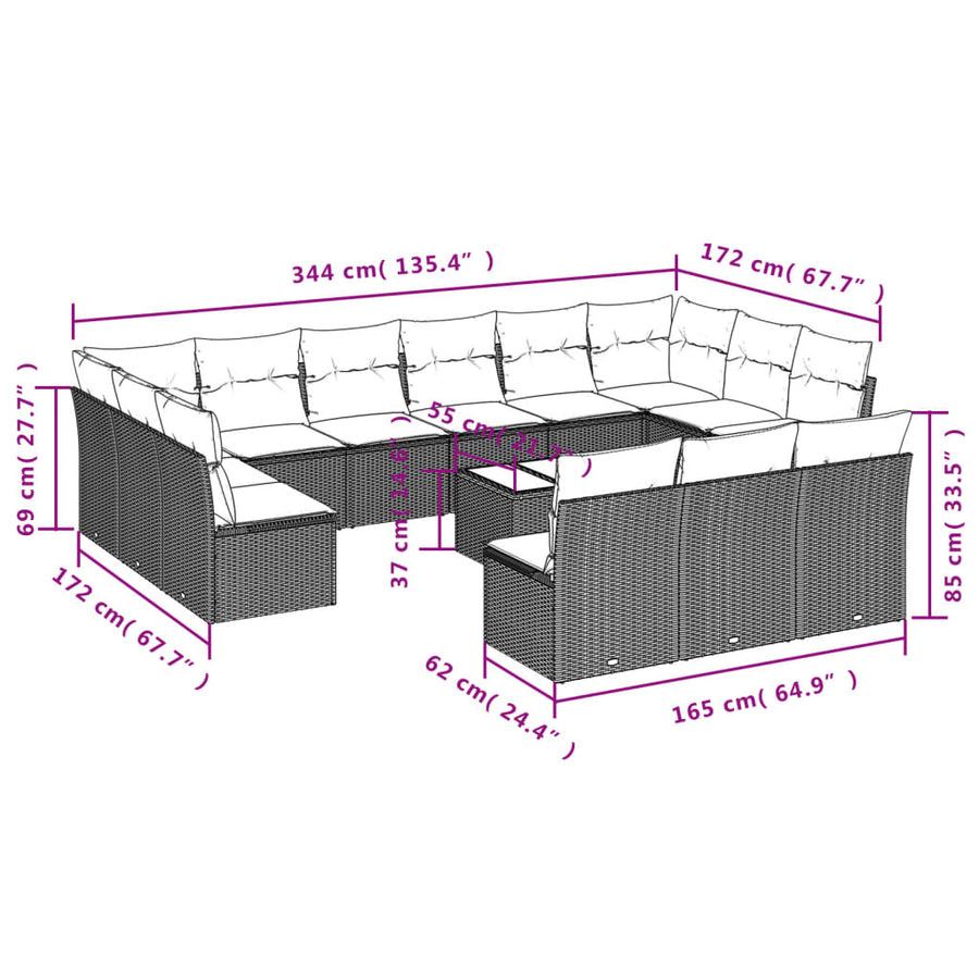 14-delige Loungeset met kussens poly rattan lichtgrijs