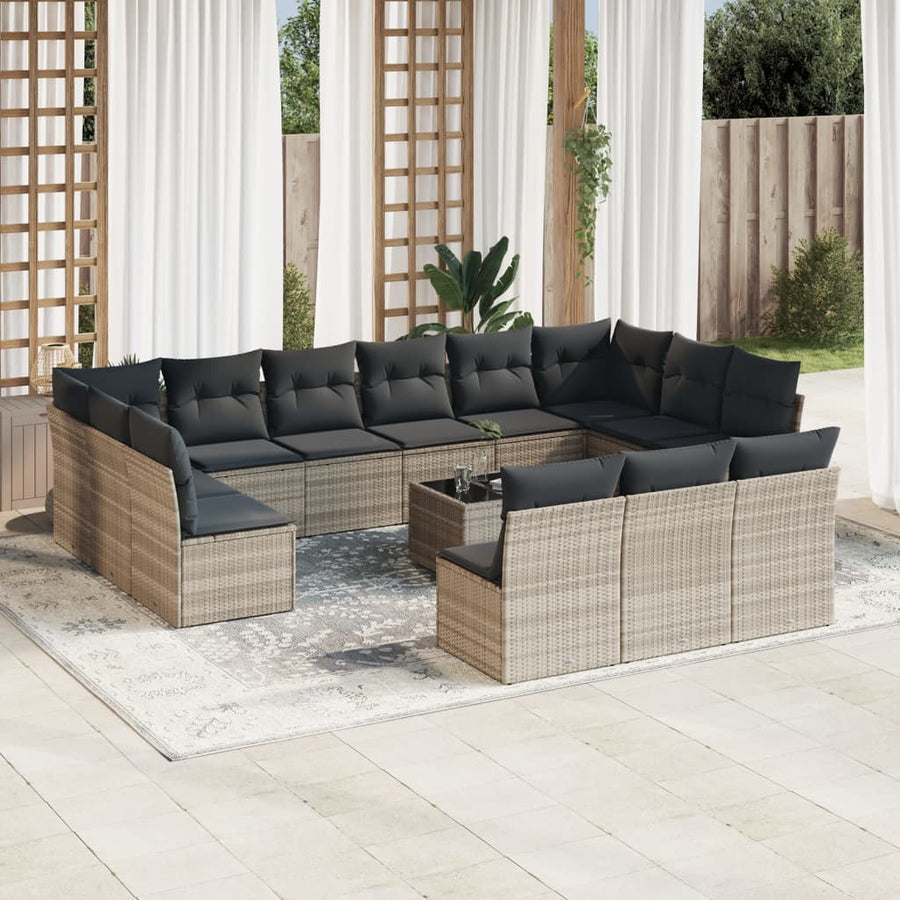 14-delige Loungeset met kussens poly rattan lichtgrijs