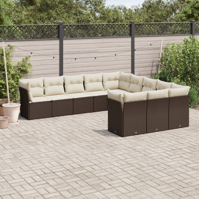 11-delige Loungeset met kussens poly rattan bruin Bruin en crème