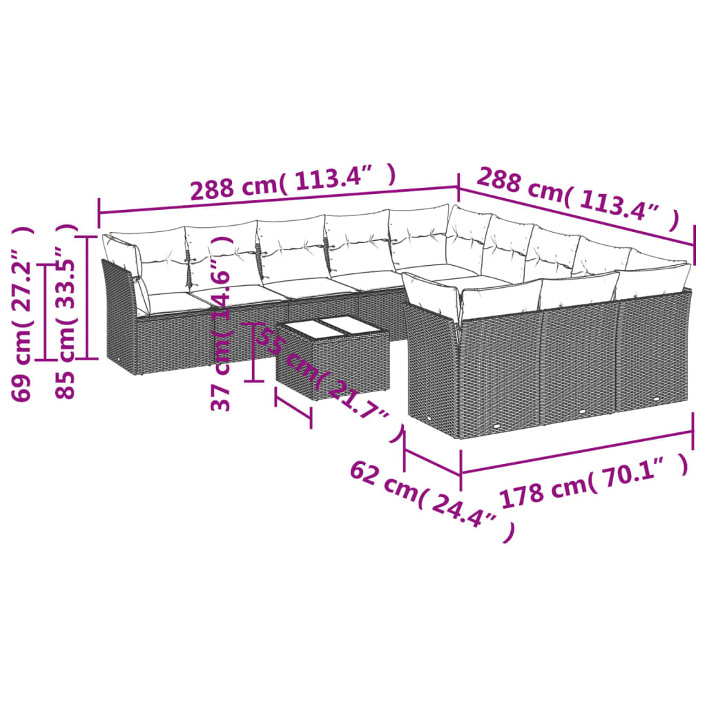12-Delige Loungeset Met Kussens Poly Rattan Zwart