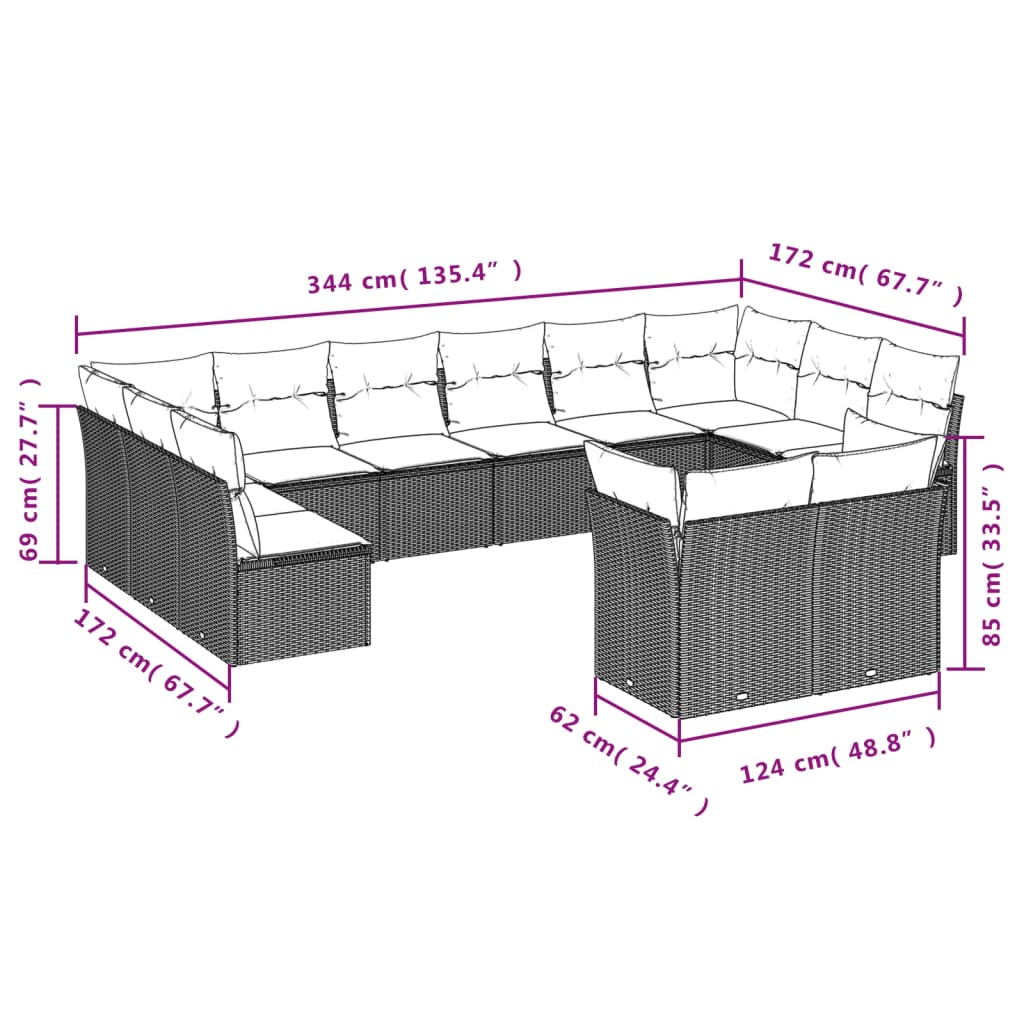 12-Delige Loungeset Met Kussens Poly Rattan Beige