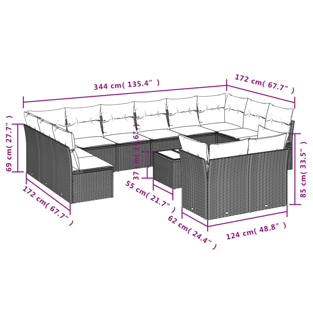 13-Delige Loungeset Met Kussens Poly Rattan Grijs