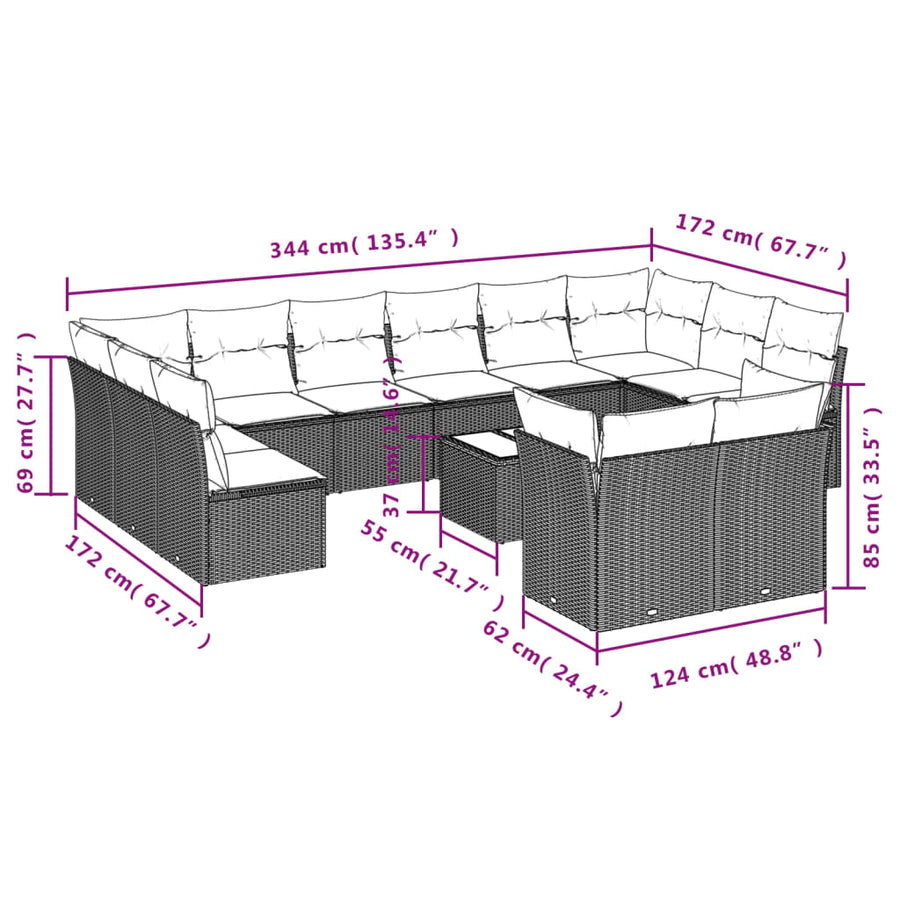 13-Delige Loungeset Met Kussens Poly Rattan Grijs