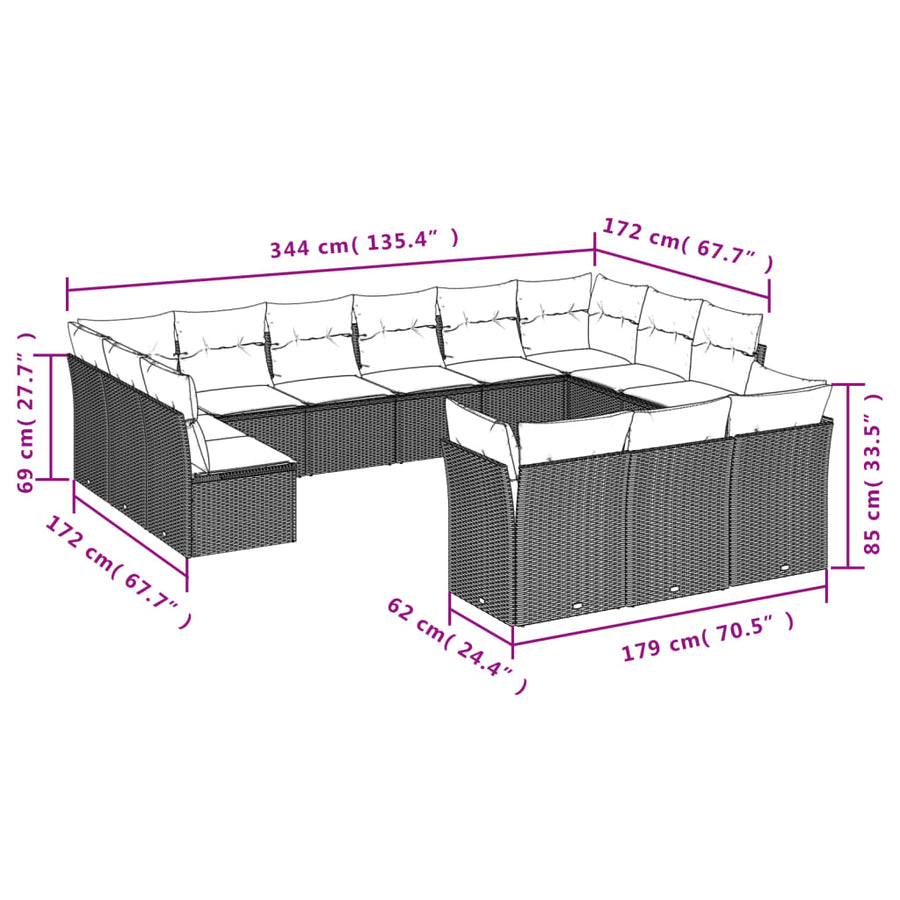 13-delige Loungeset met kussens poly rattan bruin Bruin en crème