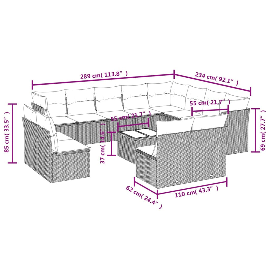 13-Delige Loungeset Met Kussens Poly Rattan Grijs