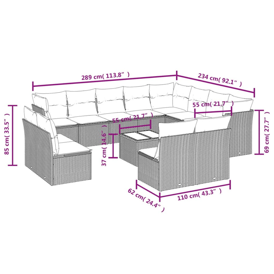 13-delige Loungeset met kussens poly rattan lichtgrijs