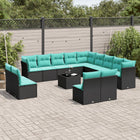 14-piece poly rattan garden lounge set with cushions in black