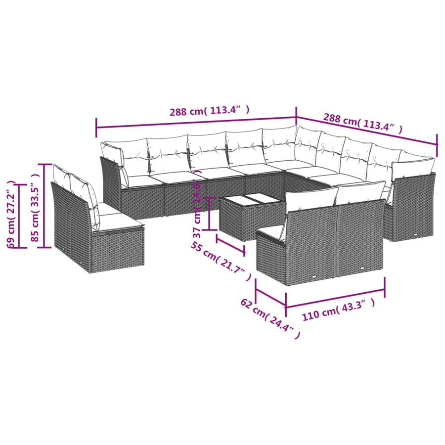 14-Delige Loungeset Met Kussens Poly Rattan Grijs